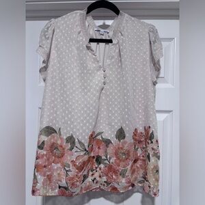 0036- DR2 Swiss Dot Floral Cottagecore Blouse XXL Romantic Ruffle Sleeve Top